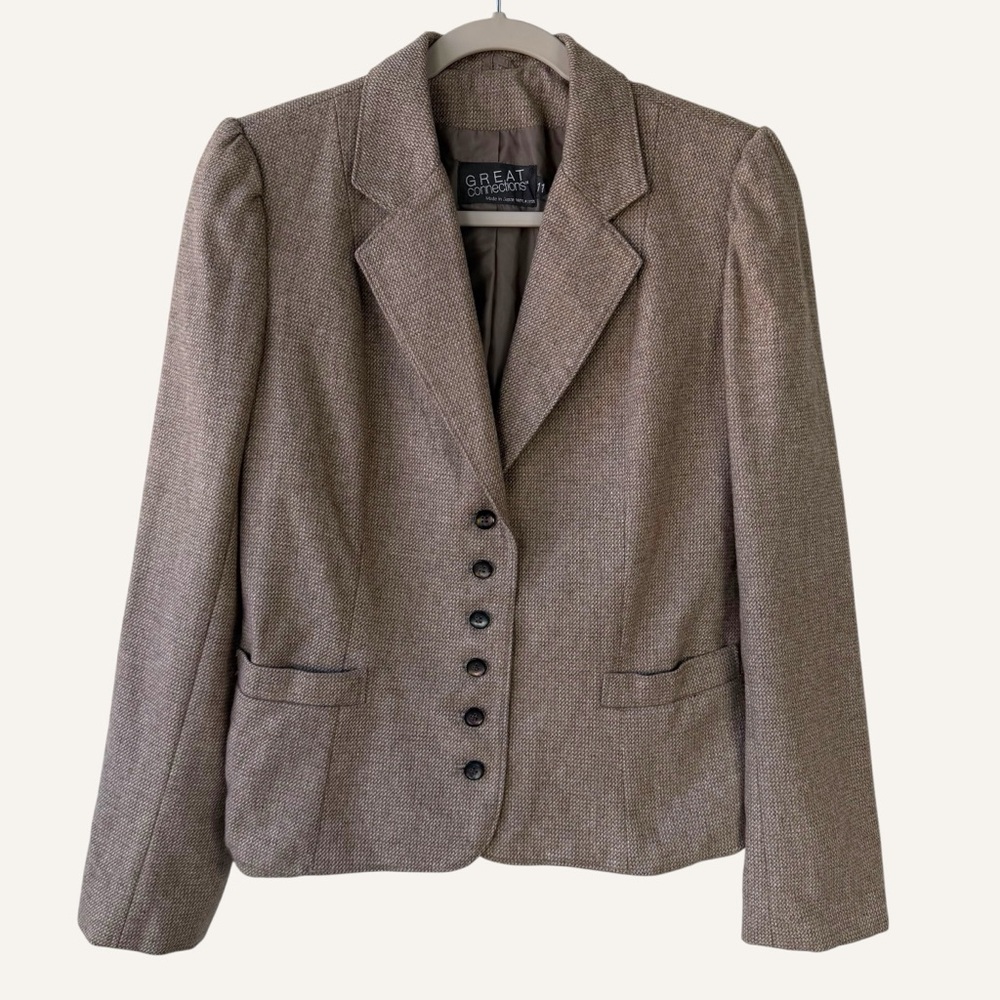 Vintage Great Connections Brown Tweed Blazer Wool Blend Tailored Puff Shoulder